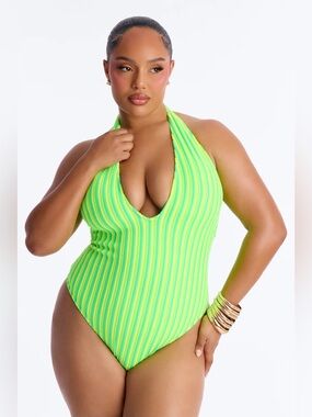 Lime & Neon Green Ribbed Halter One-Piece Swimsuit
